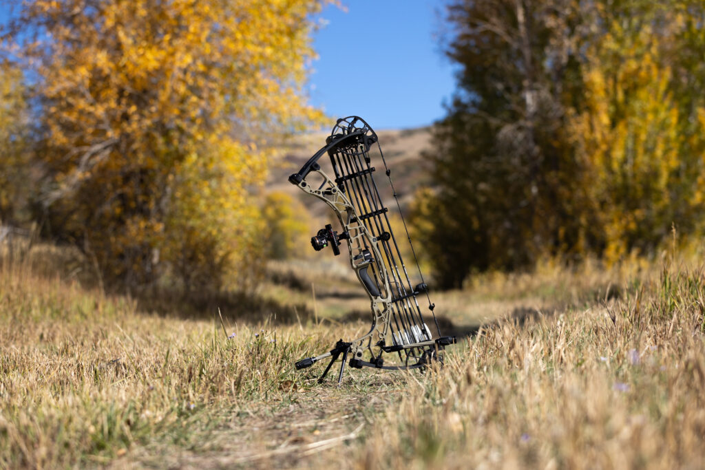 The new Hoyt Alpha AX-3 compound bow resting on a trail in a field.