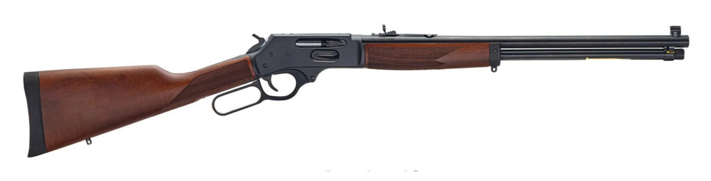 Henry Side Gate Lever Action rifle on a white background. 