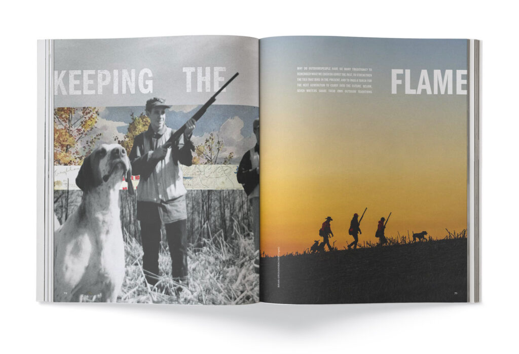 A magazine spread of a bird hunter and a dog and a line of hunters walking up a hill