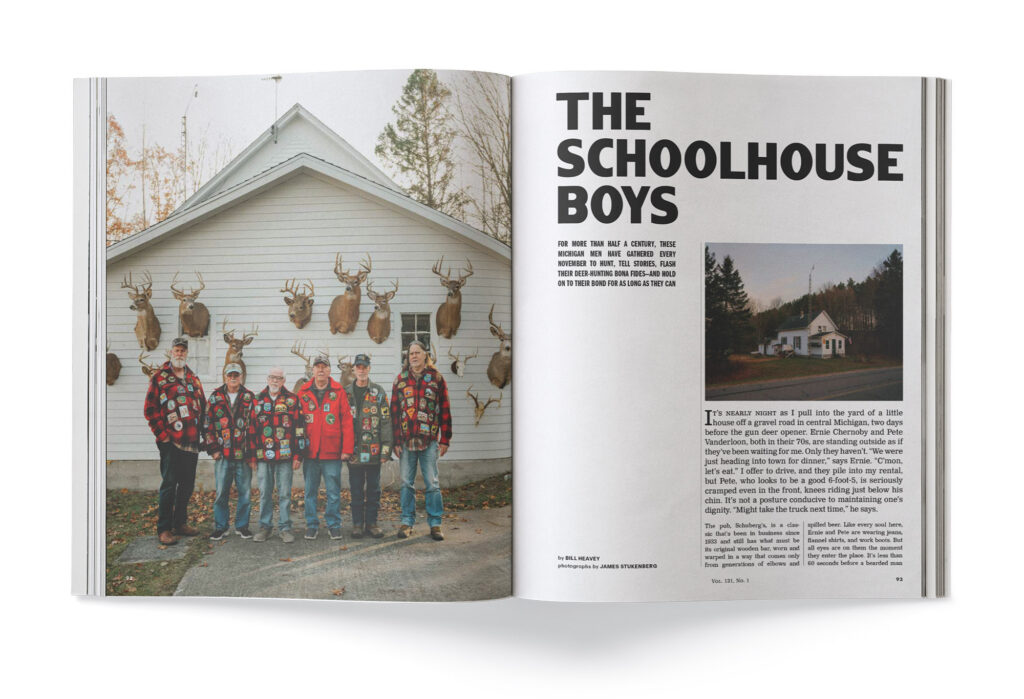 A magazine spread of a group of hunters wearing jackets covered in patches