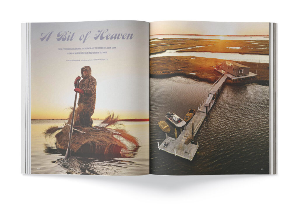 a magazine spread of a man push-poling a boat and an aerial view of a house.