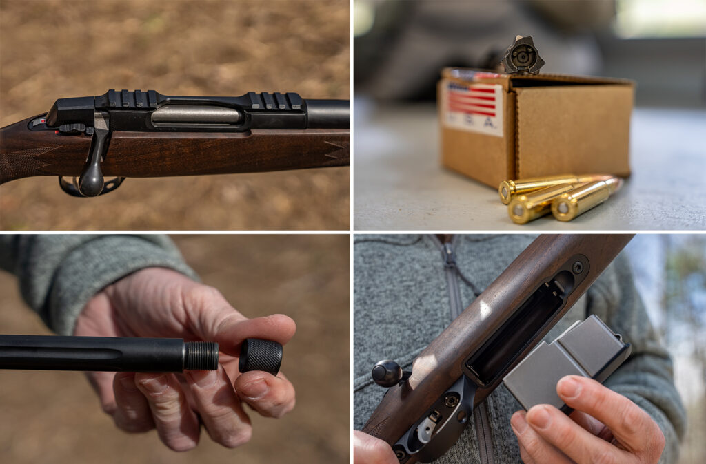 Closeup photos of the Sako Grizzly's action, bolt, threaded muzzle, and detachable magazine.