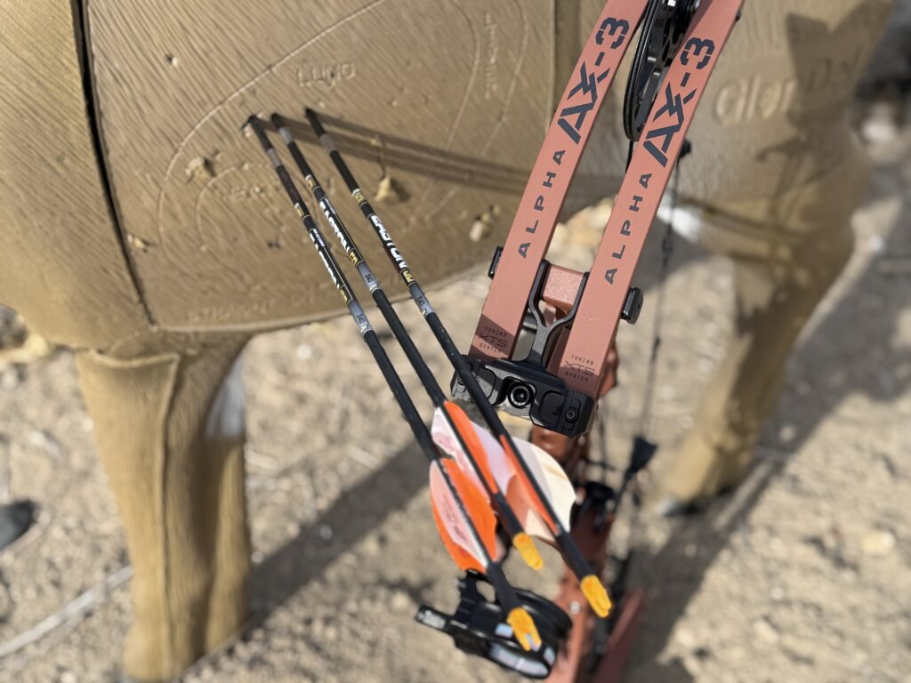 A tight group of arrow shot at a 3D target with the Hoyt Alpha AX-3 bow.