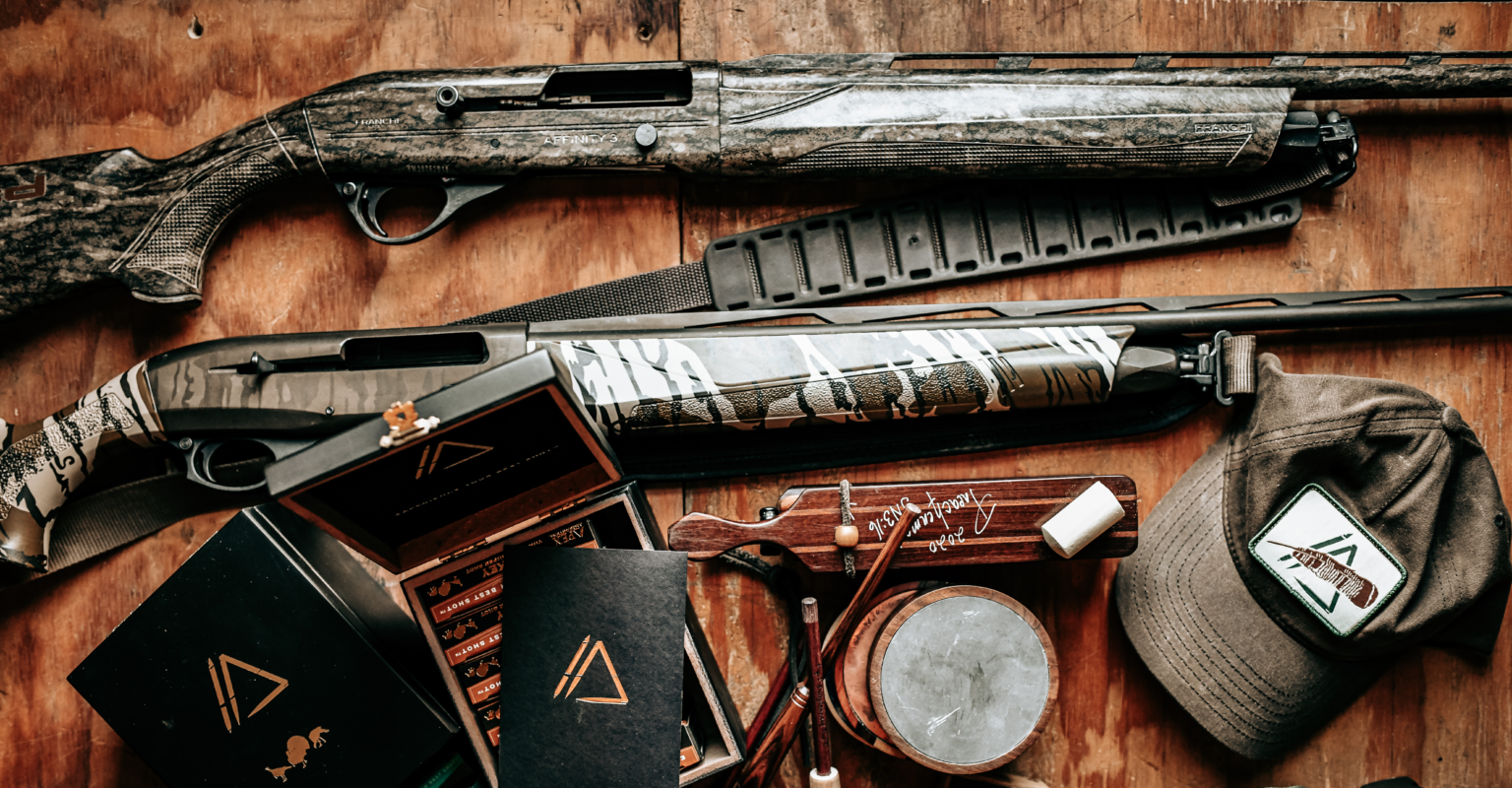 Collage of turkey shotguns, ammo, and gear