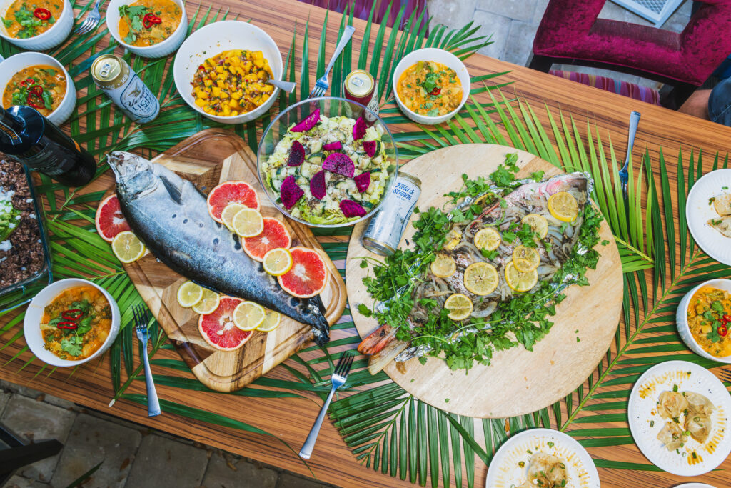 A table full of freshly caught fish