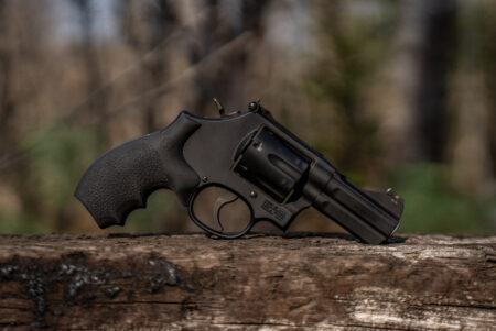 Lipsey's S&W Model 386 NightGuard handgun on a post.