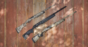 Three shotguns on wood