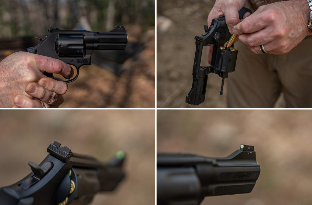 Closeup photos of the Lipsey's S&W Model 386 NightGuard's action, magazine, and rear and front sights. 