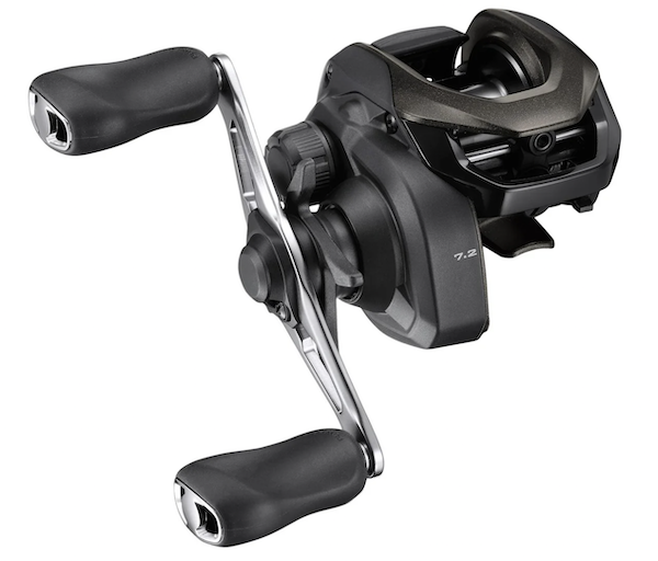 Black baitcasting fishing reel with 7.2 gear ratio and dual ergonomic handles