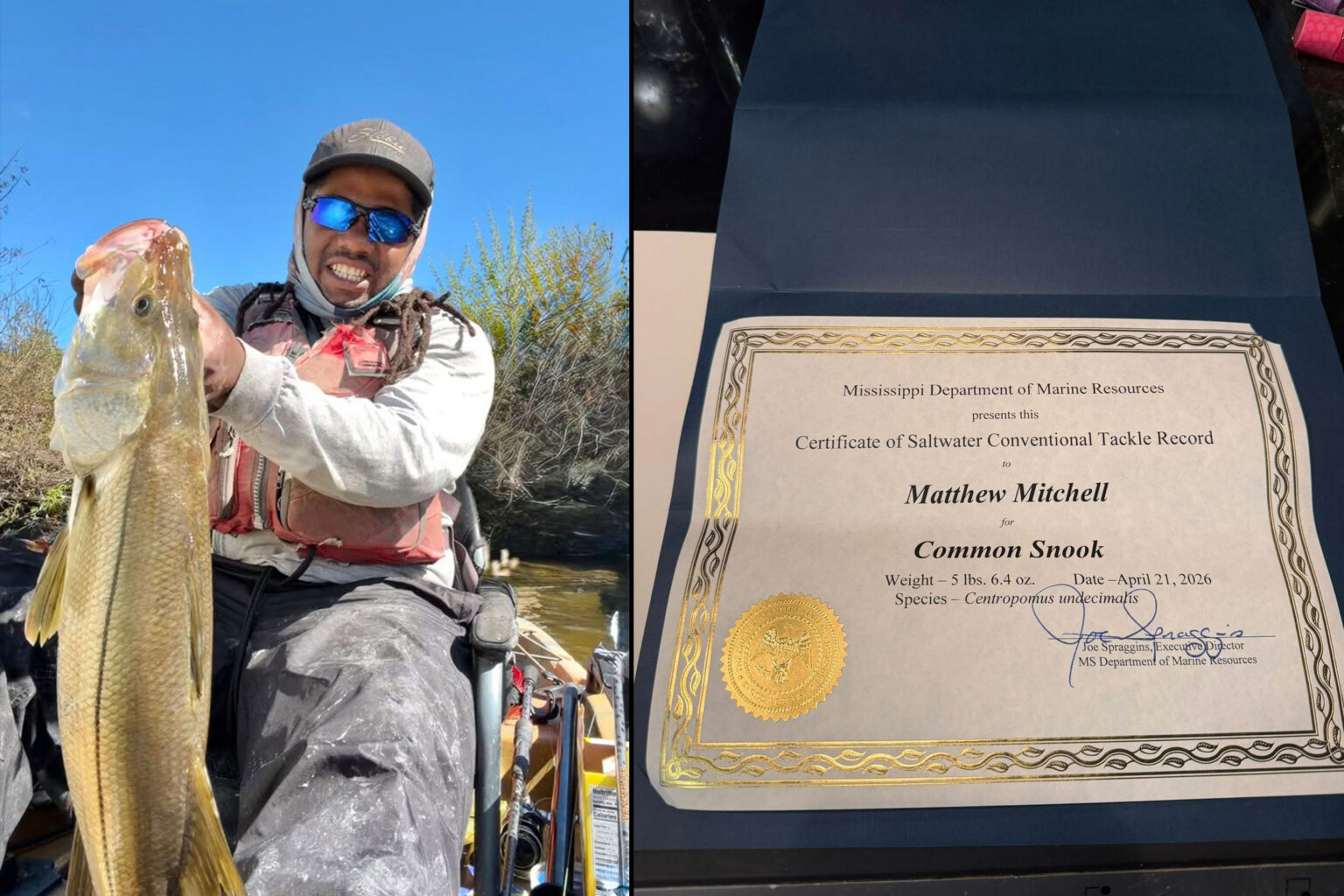 An angler poses with a record-breaking snook.