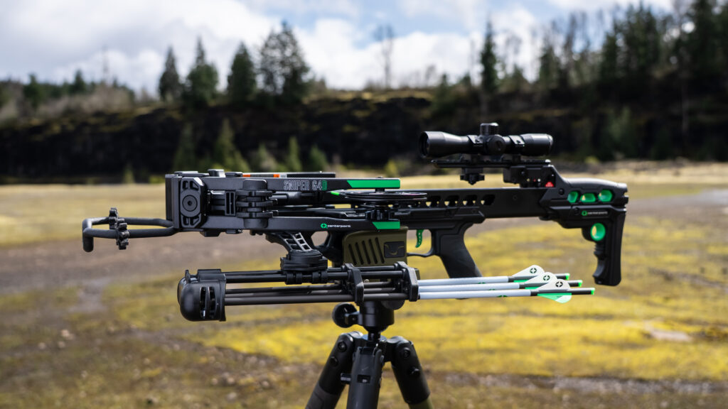 Cenerpoint's new Sniper G4D crossobw on a tripod in a field. 