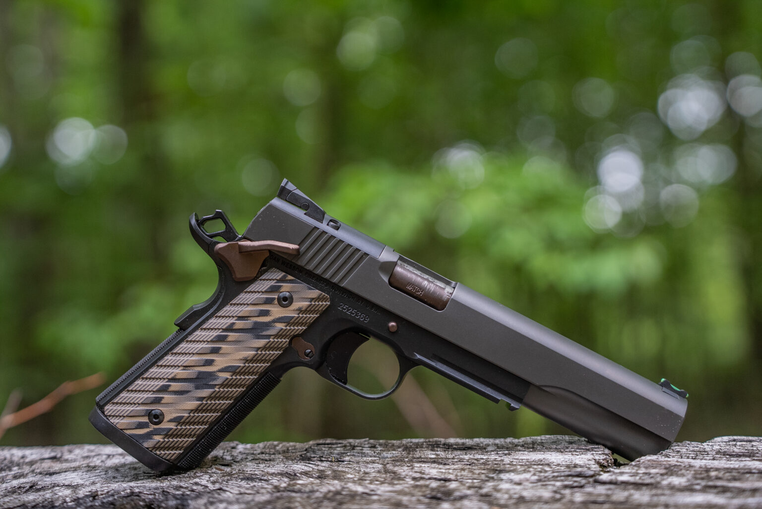 Dan Wesson Kodiak handgun on a fencepost in the woods.