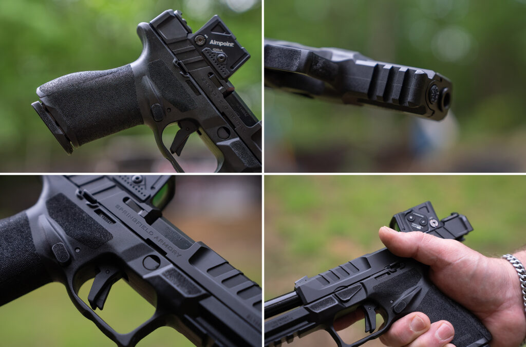 Close-up photos of the Springfield-Armory Echelon's grip, rail, safety, and slide lever.