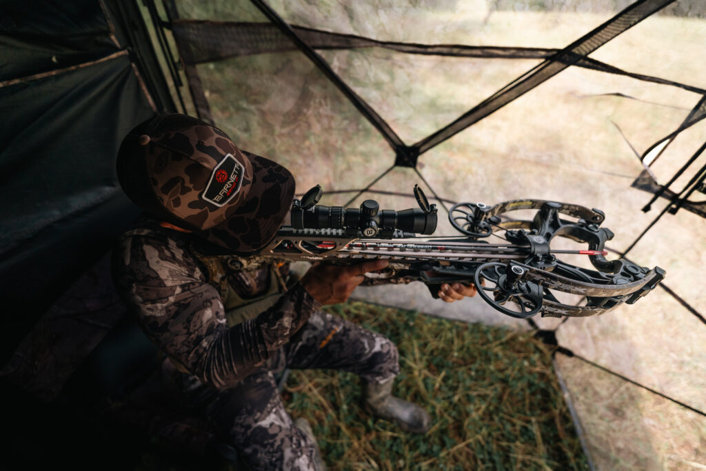 A hunter shoots the new Barnett Hyper Raptor T-Rex crossbow