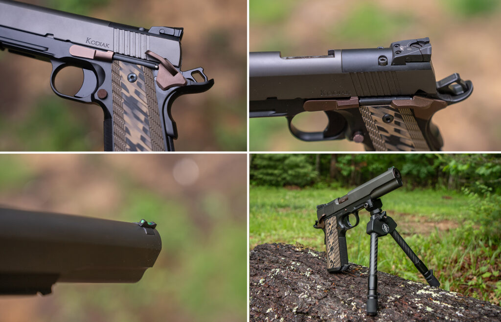 Closeup photos of the Kodiak's grip, sights, and bipod attachment. 