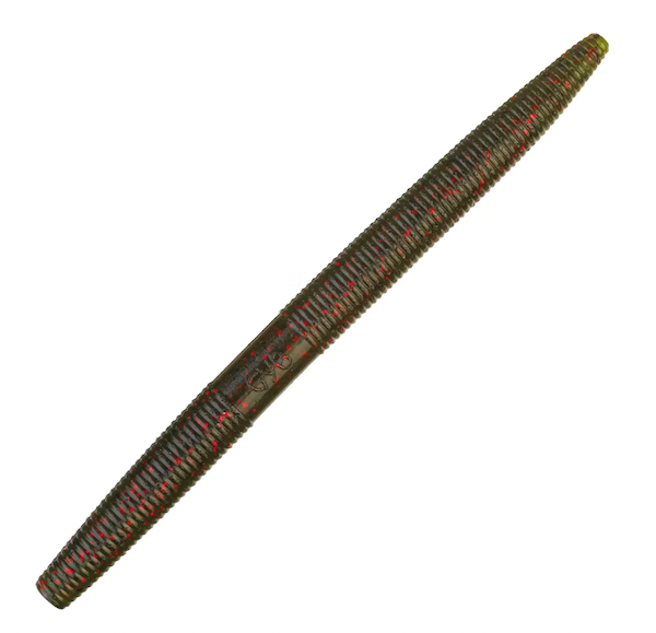 Dark green and red fleck soft plastic fishing worm lure with ribbed texture