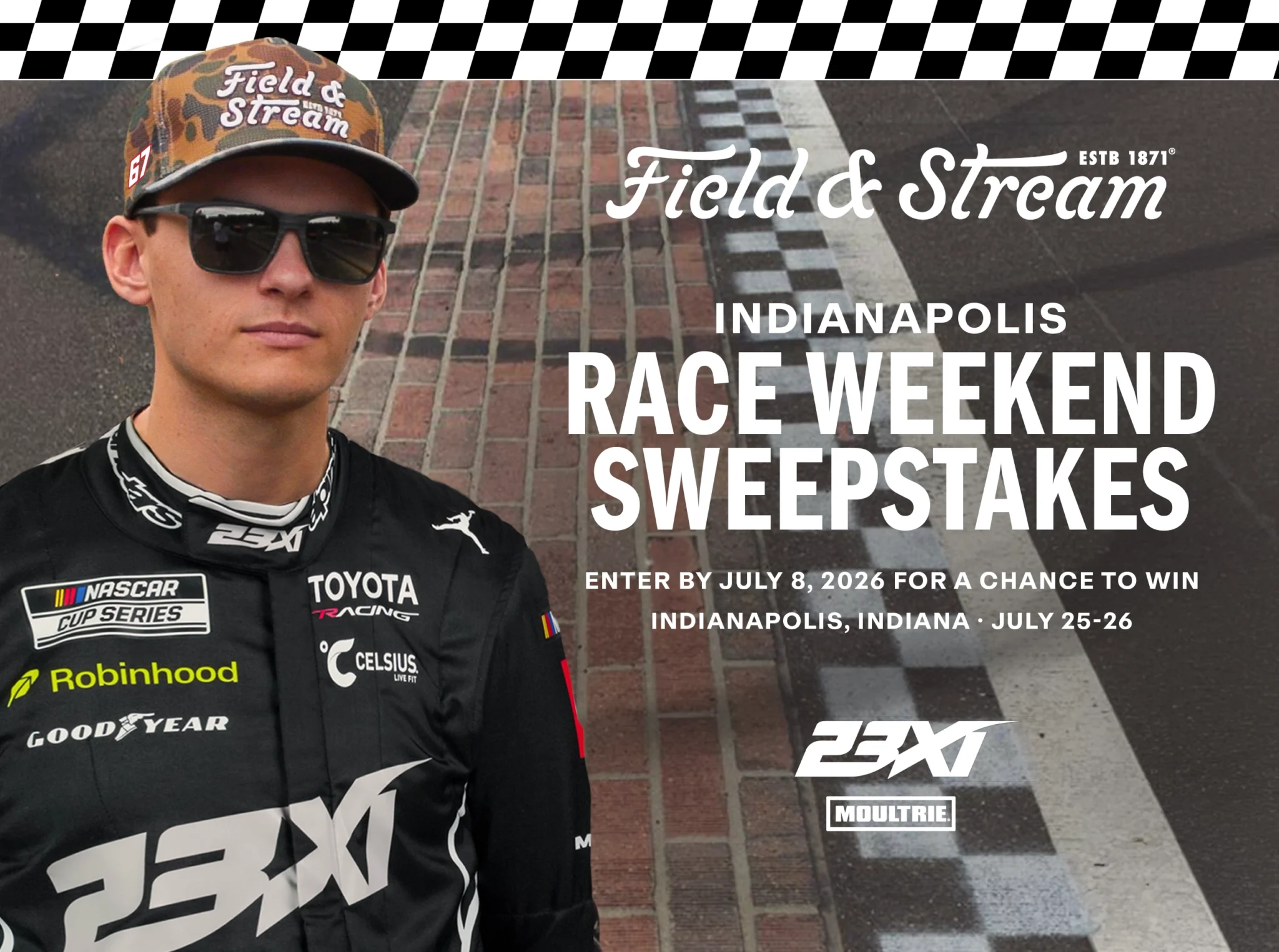 NASCAR driver in 23XI Racing suit promotes Field & Stream Indianapolis Race Weekend Sweepstakes