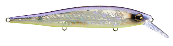 Realistic holographic minnow fishing lure with treble hook rings on white background