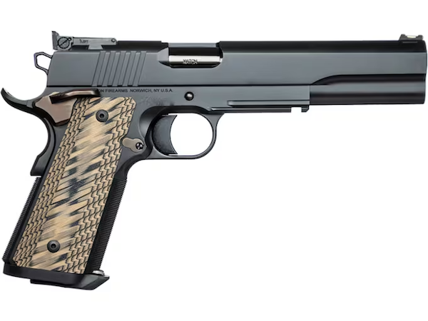 Dan Wesson 1911 pistol with G10 grips and blue steel finish side view