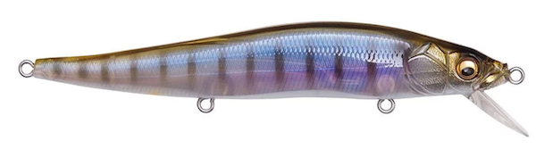 Realistic minnow fishing lure with purple iridescent scales and treble hooks