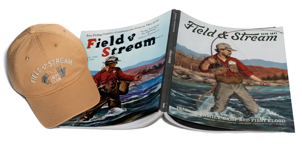 Field & Stream magazine open book and branded tan baseball cap display