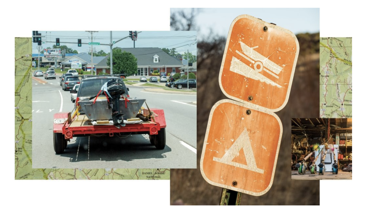 Car on the road towing a trailered fishing boat with a black motor; a red sign on a boat ramp; four flyfishing rods resting on a white cooler