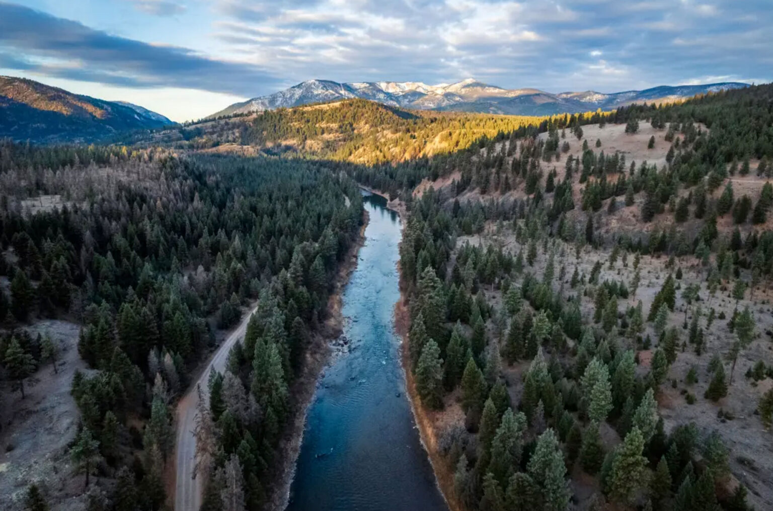 An aerial view of the Blackfoot River.