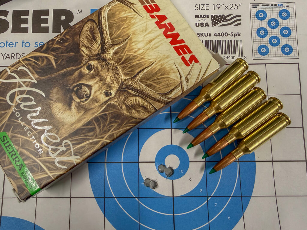 A group fo shots in a rifle target with ammo