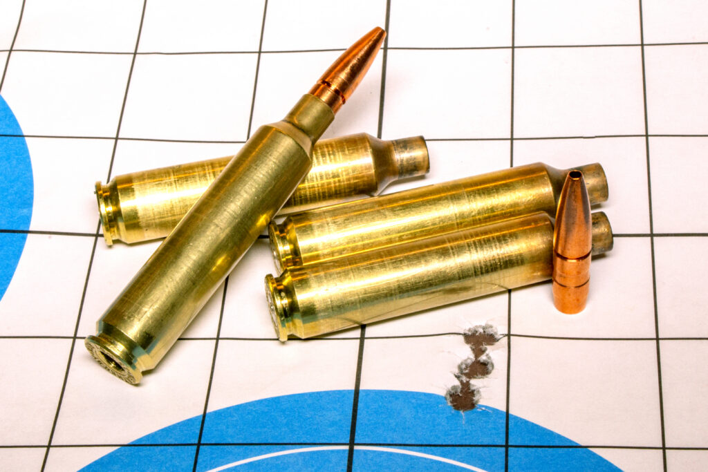 A rifle taget with bullet holes and ammo
