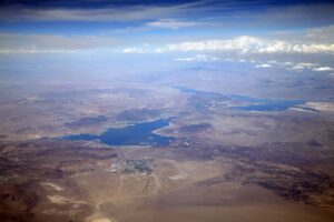 An aerial view of Boulder City Nevada and Lake Mead.