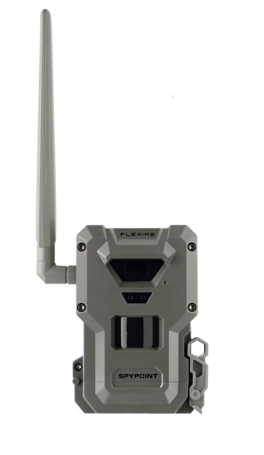 Spypoint Flex M2 cellular trail camera on a white background.