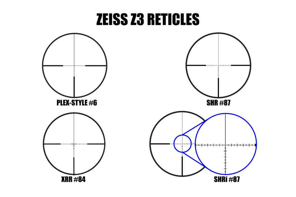 Illustration detail of the four riflescope reticle options offered in the Zeiss V3 line on a white background.