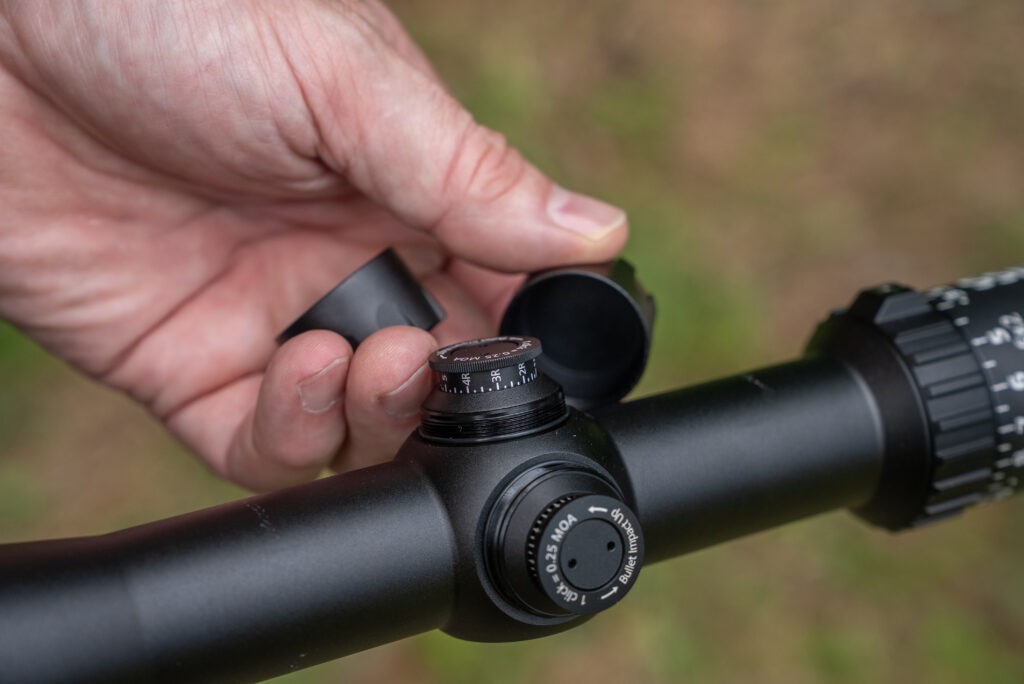 Detail of riflescope reticle adjustment turrets.