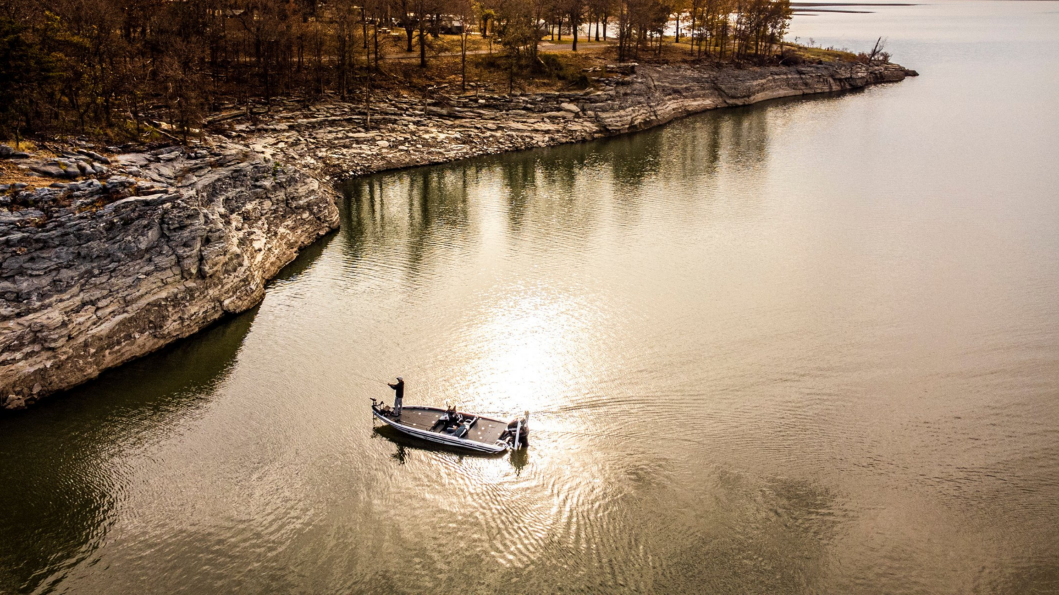 An aerial view of a bass boat on a Tennessee Lake.