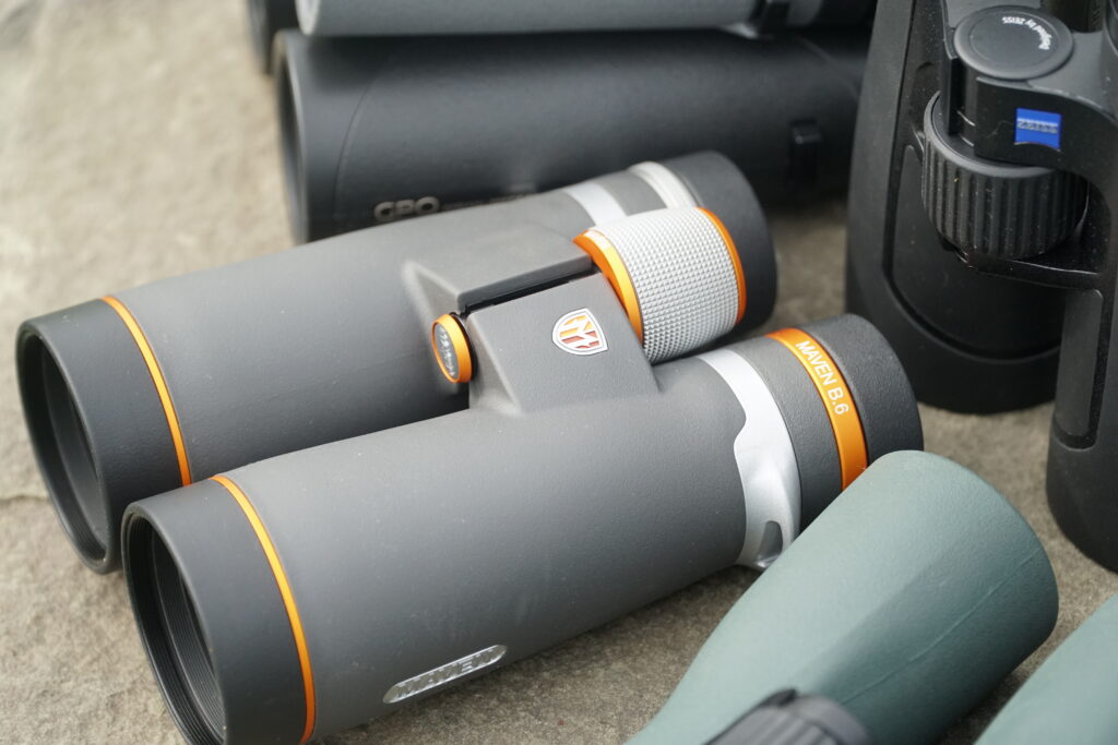 Maven B.6 10x50 binocular resting on a rock