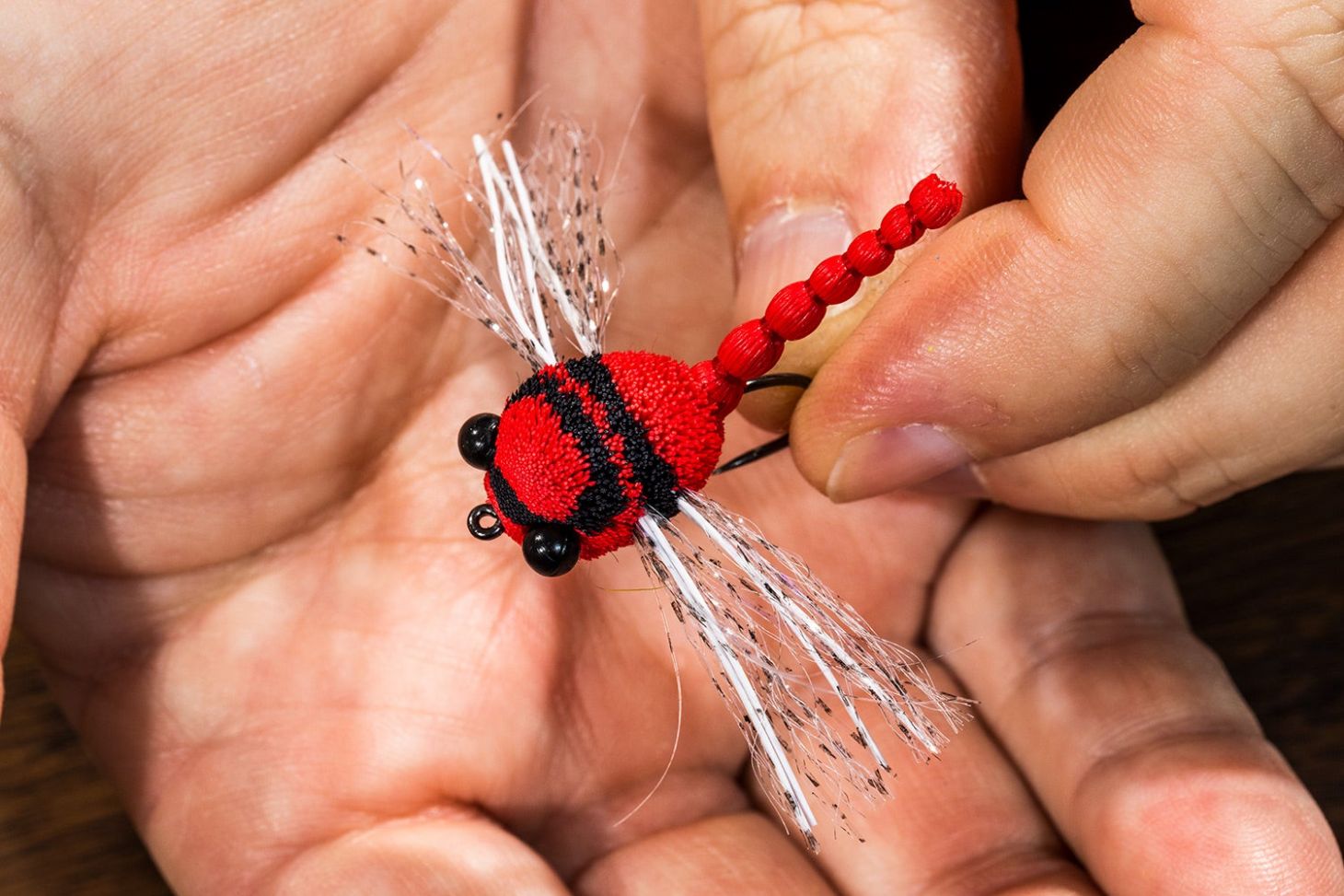 red and black damselfly lure made from deer hair