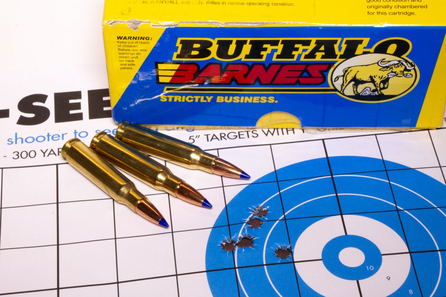 A rifle targets showing five bullet holes, with three lose cartridges and a box of ammo. 