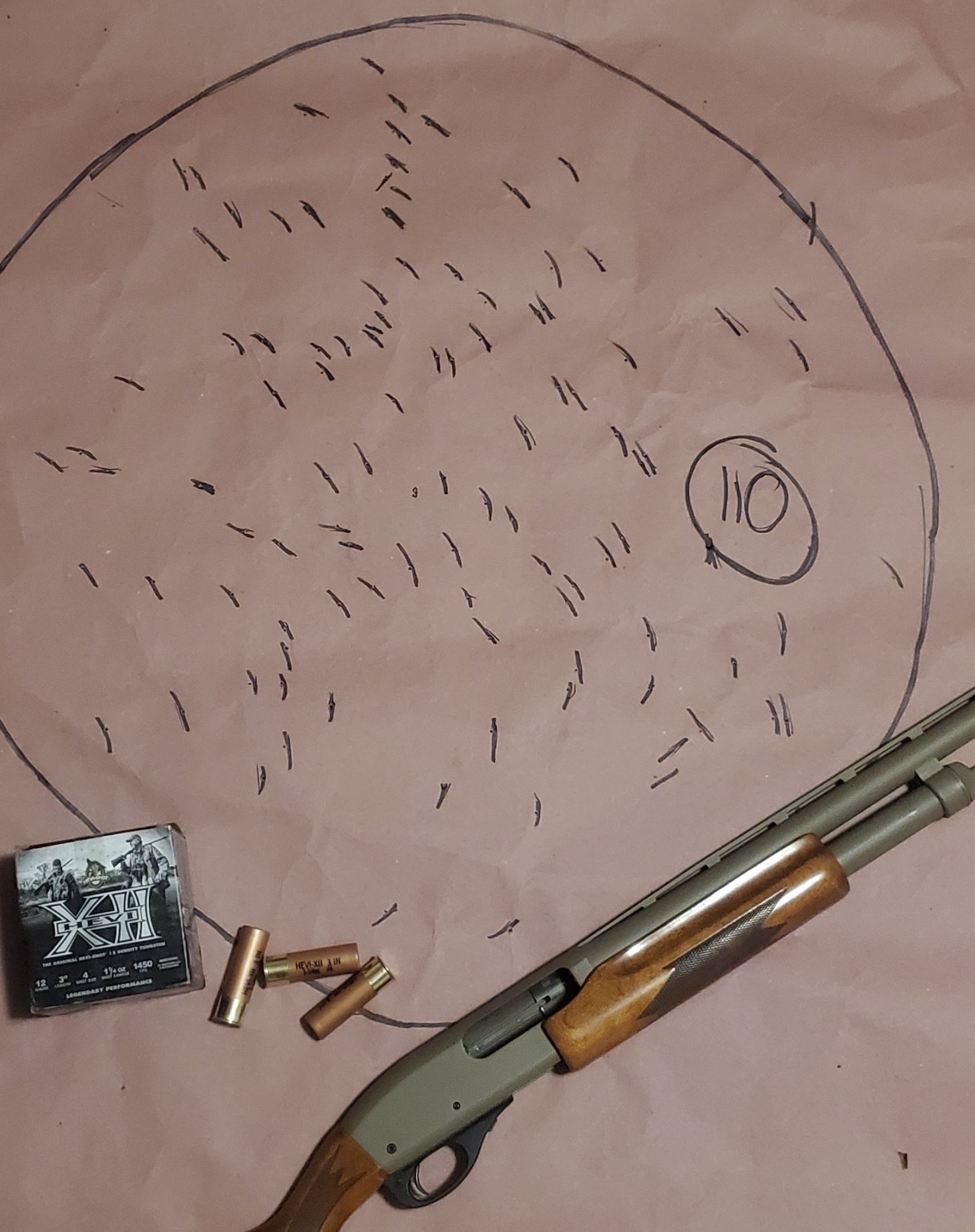 A pattern from a Remington shotgun with Hevi-Shot ammo.