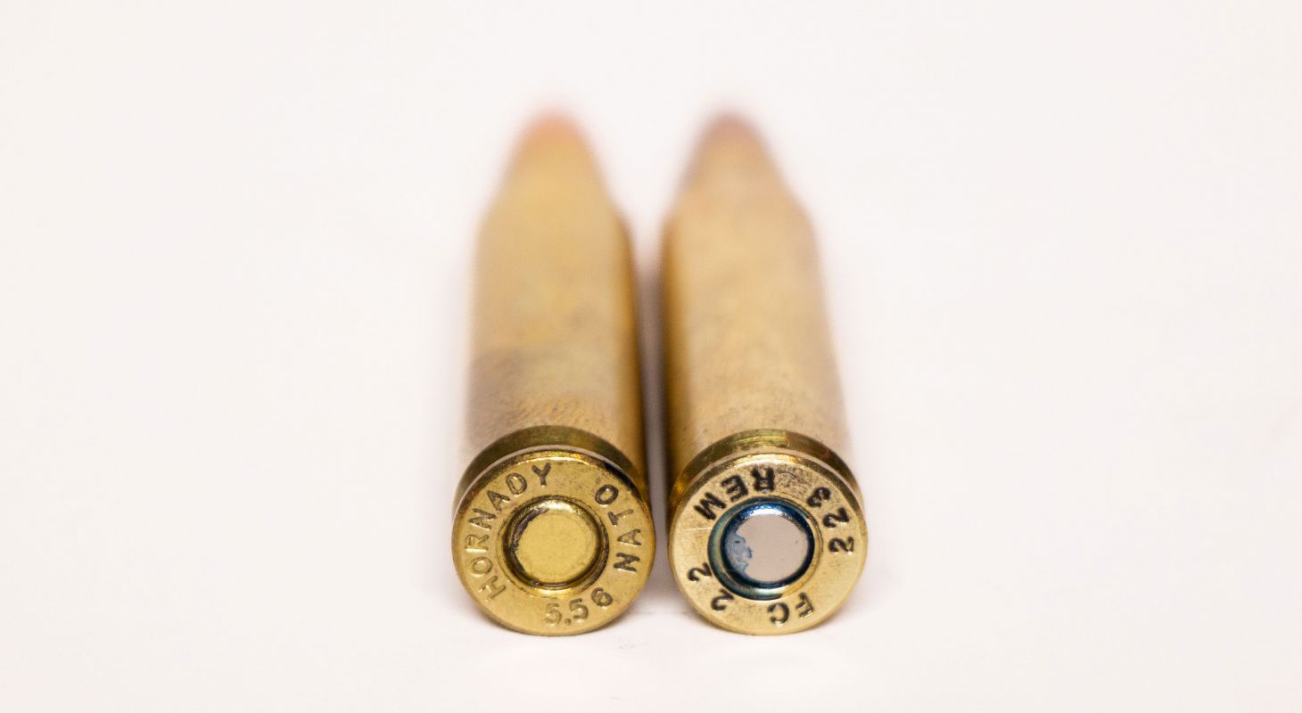 A 223 and a 556 cartridge side by side. 