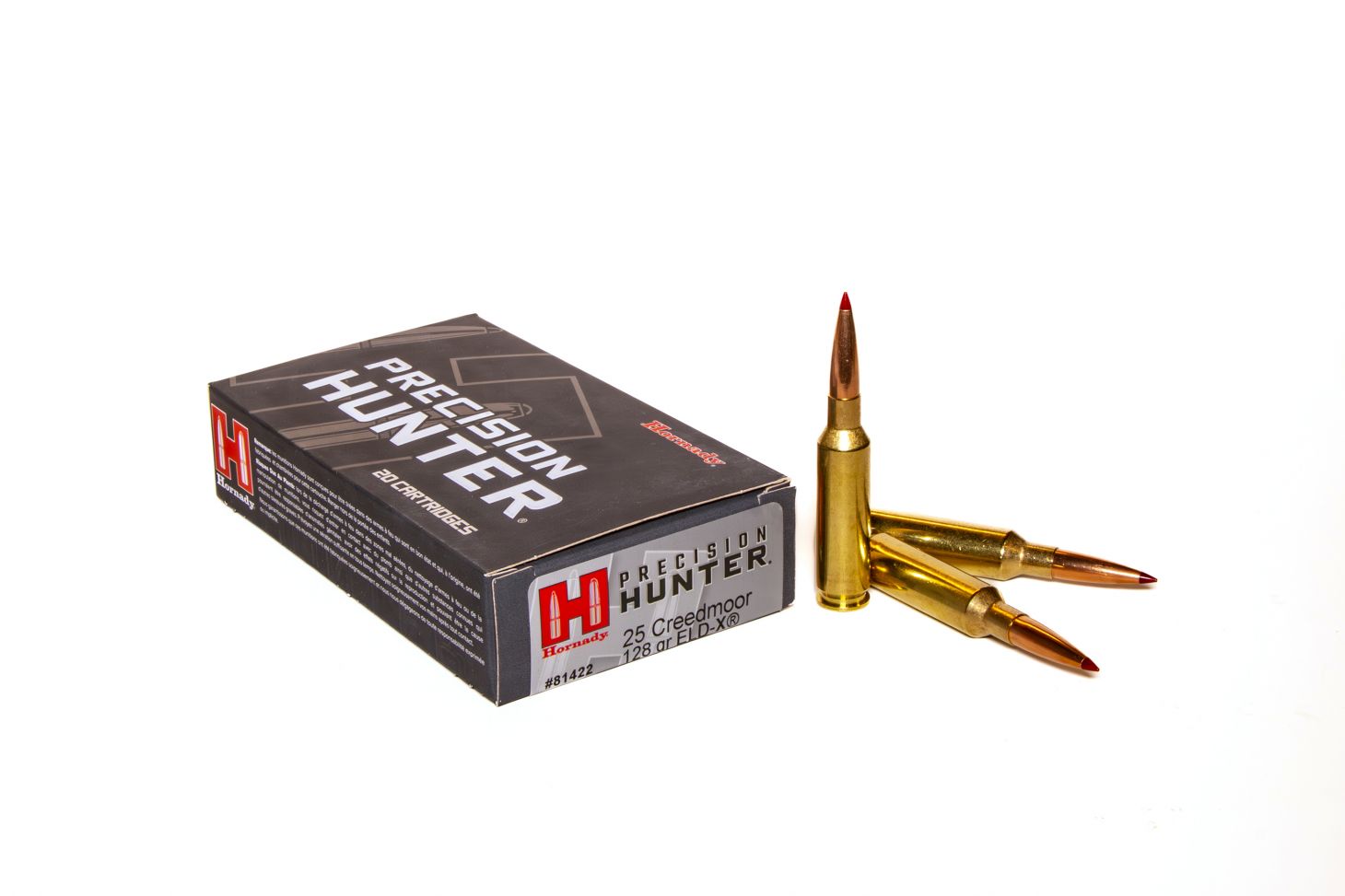 Hornady 25 Creedmoor ammo on a white background. 