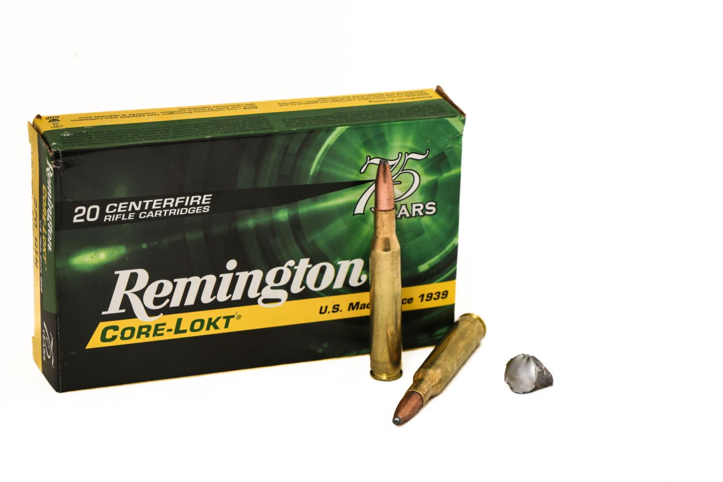 Remington Core-Lokt 270 Winchester ammo on white.