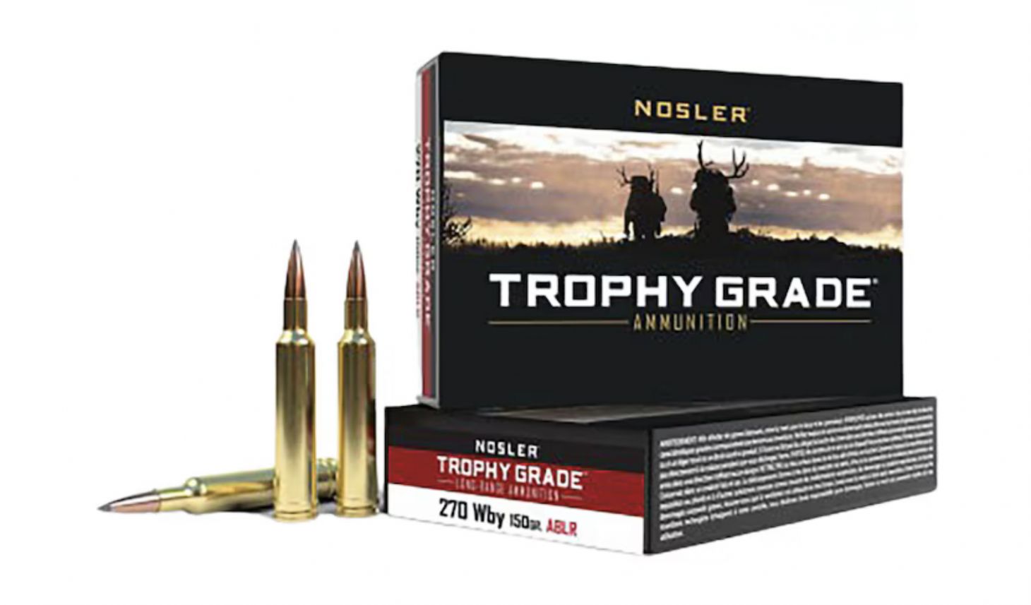 Nosler’s 150-grain Long Range AccuBond ammo on a white background. 