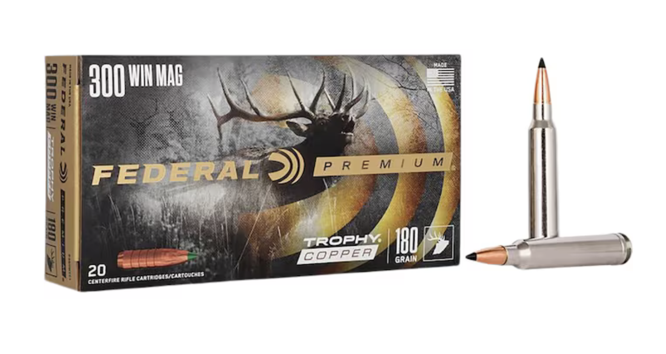 Federal's 180-grain Trophy Copper ammo on a white background.