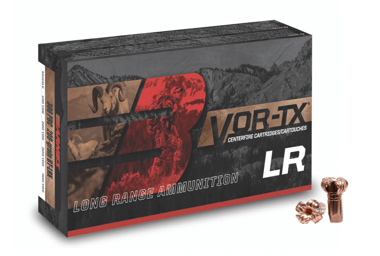 Barnes 208-grain VOR-TX Long Range ammo on a white background. 