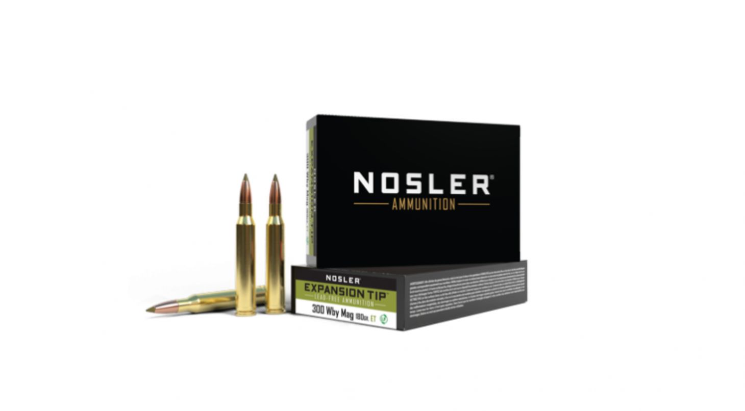 Nosler 300 Weatherby Mag ammo on a white background.