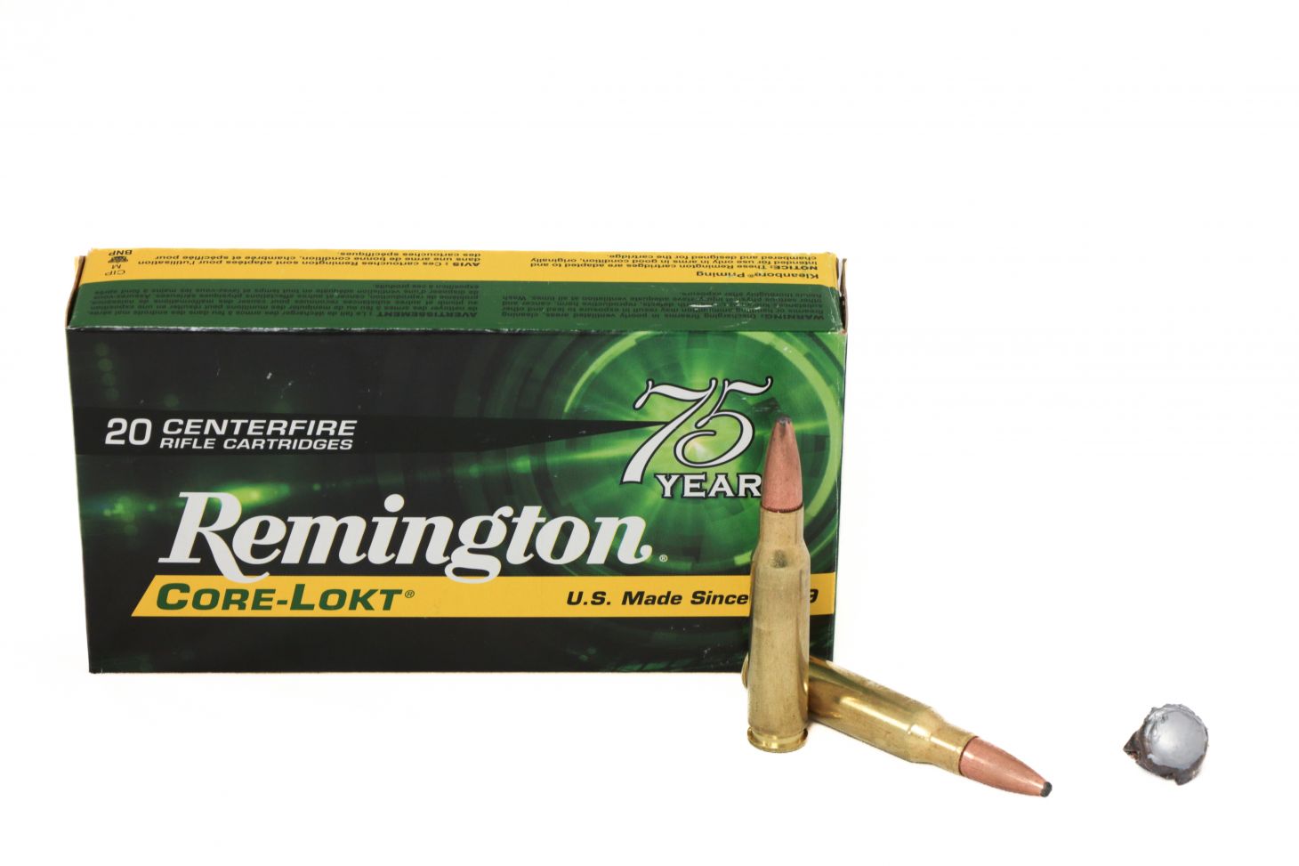Remington Core-Lokt 308 Winchester ammo on white.