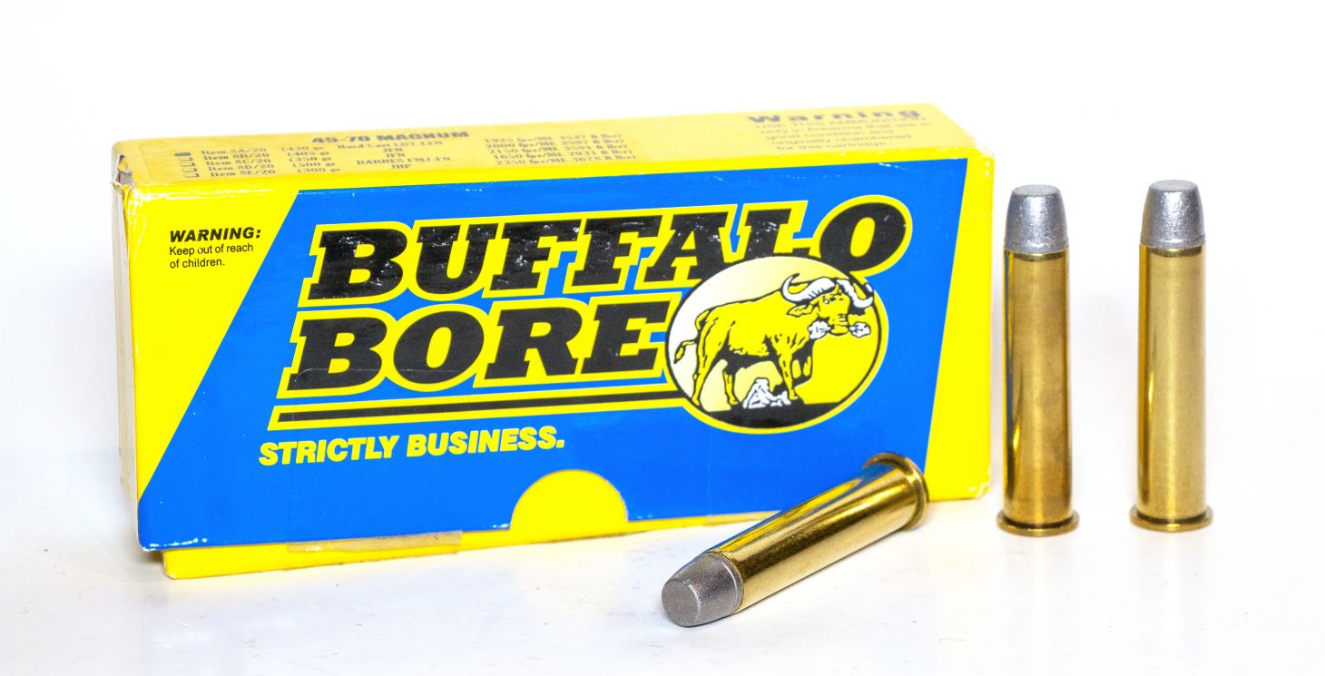 Buffalo Bore 45-70 ammo on a white background. 