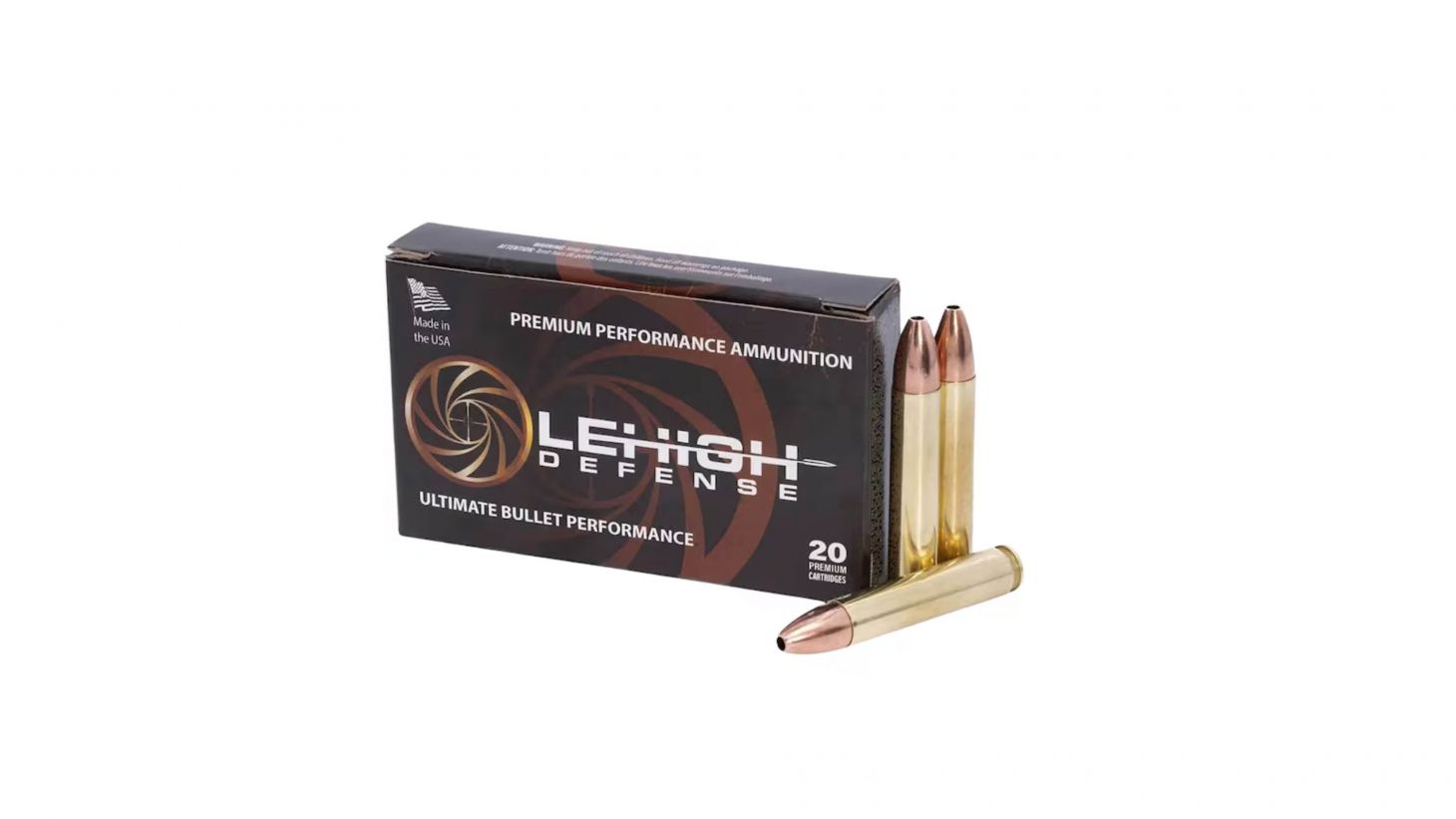Lehigh Defense 350 Legend ammo on a white background. 