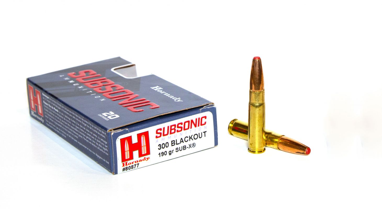 A box of Hornady Subsonic 300 Blackout ammo on a white background. 