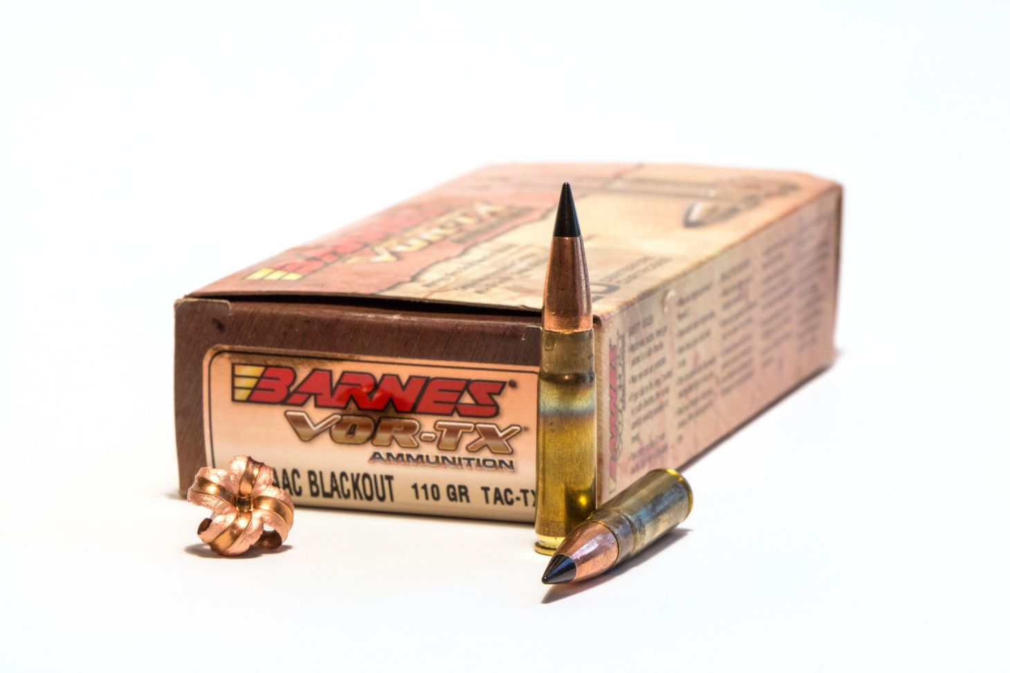 Barnes VOR-TX 300 blackout ammo on a white background. 